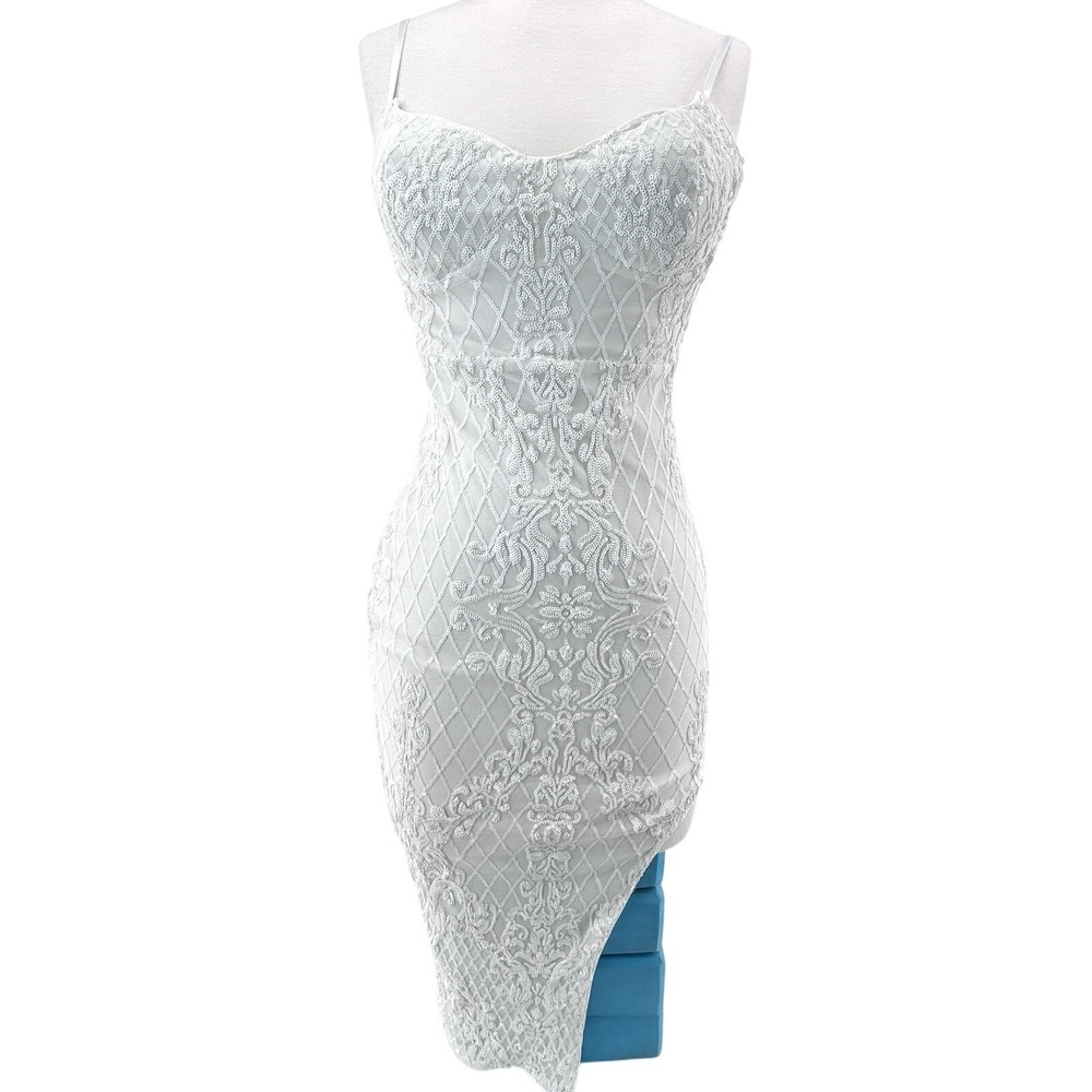 Lulus White Sequin Mesh Midi Dress M Bridal Shower Bachelorette Bodycon Coquette